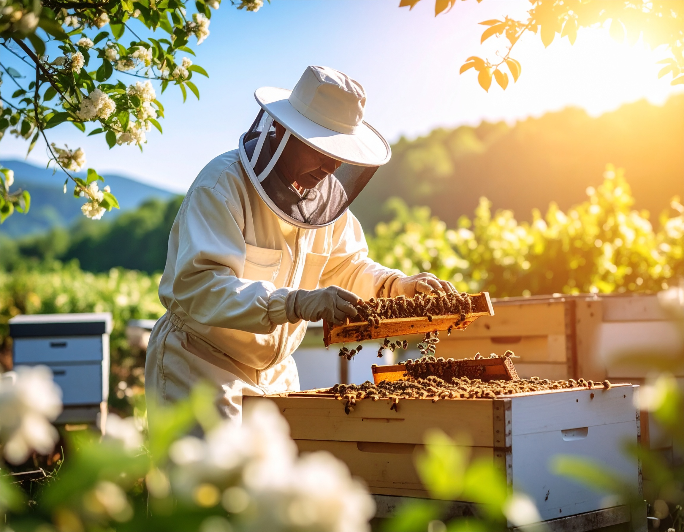 丁寧に巣箱を管理する養蜂家
